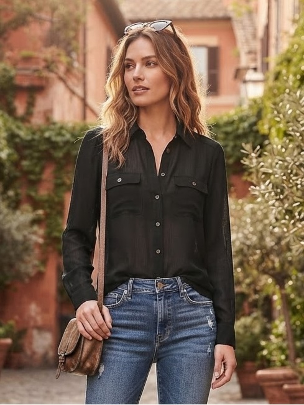 LOFT Black Sheer Button-Up Blouse